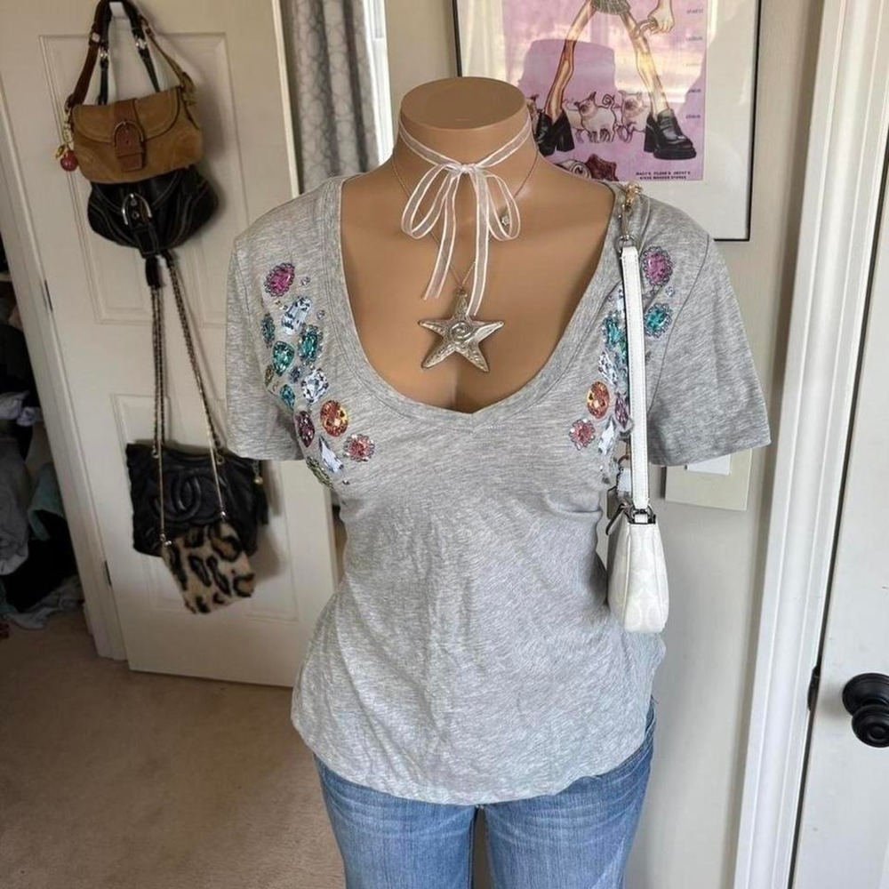 Aeropostale y2k 2000s grey rhinestone gem embellished top